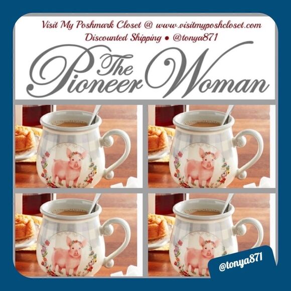 🦋 New Pioneer Gray Gingham Pig Ceramic 15-Ounce Mugs, Qty 4 - Picture 1 of 7
